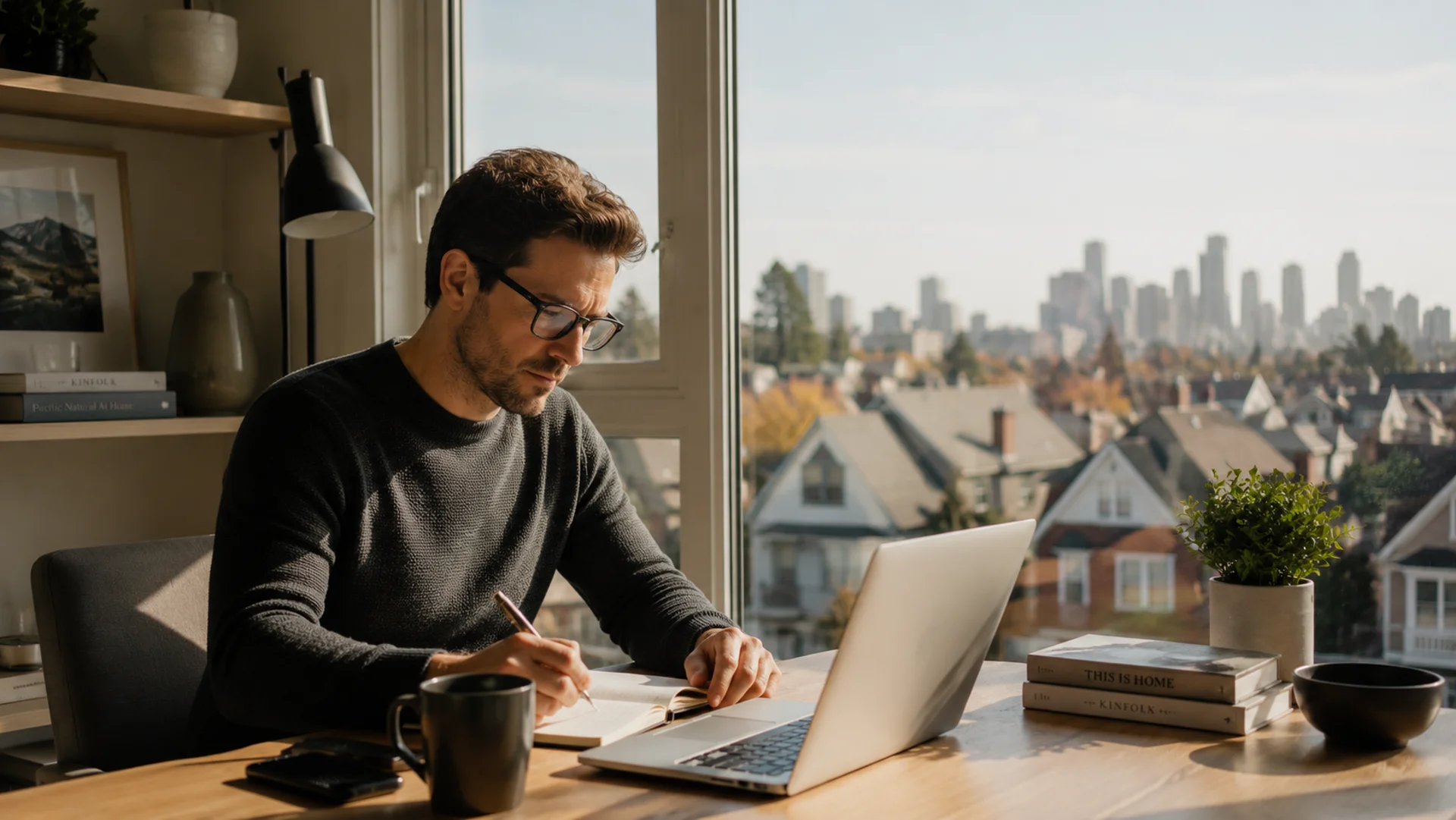 Professional working from a bright Calgary apartment