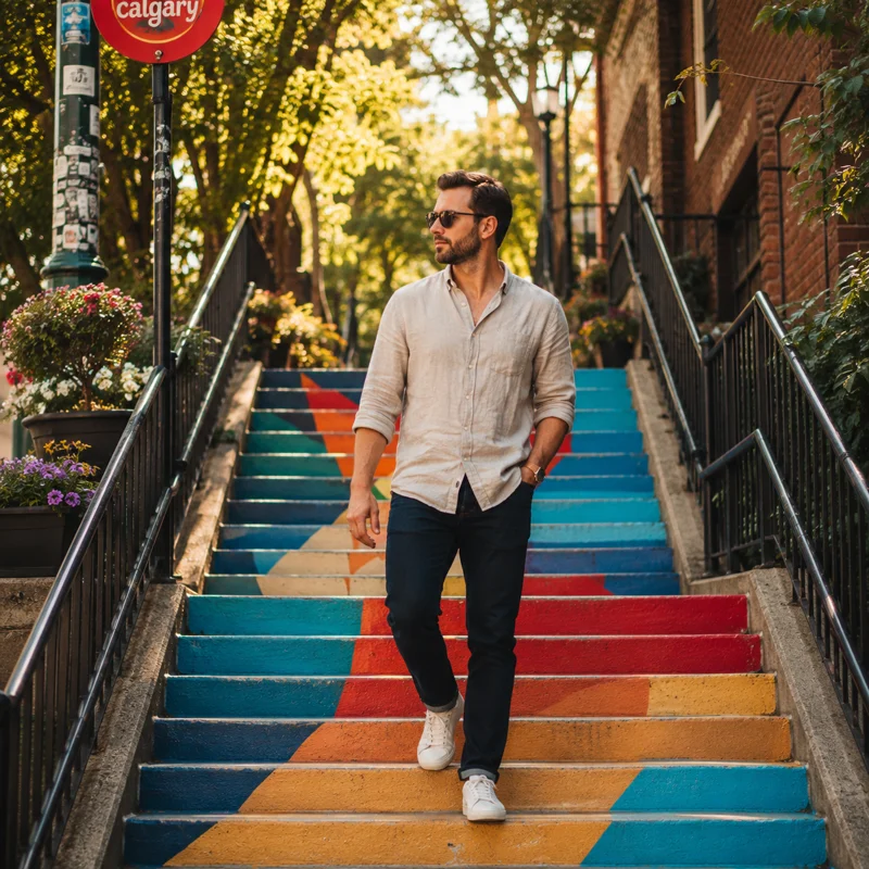 Man on a colourful staircase in a Calgary neighbourhood