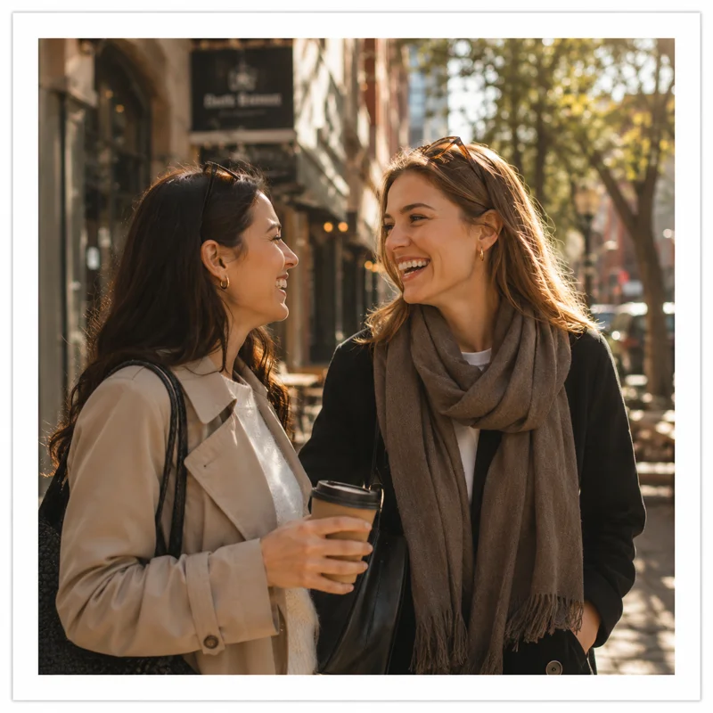 Two women laughing on a Calgary inner-city street